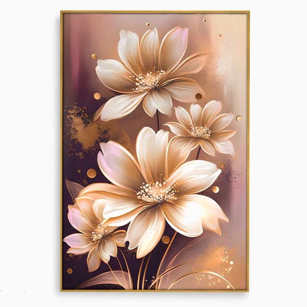 Tablou canvas cu tablou canvas cu flori aurii pe fond maro, in rama de aluminiu auriu